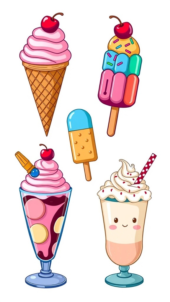 A collection of five ice cream clipart designs including cones, sundaes, popsicles, cups, and milkshakes.